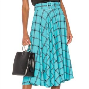 Alice and Olivia Parcell Flared Midi Skirt in Plaid Bluebird & Black size 2